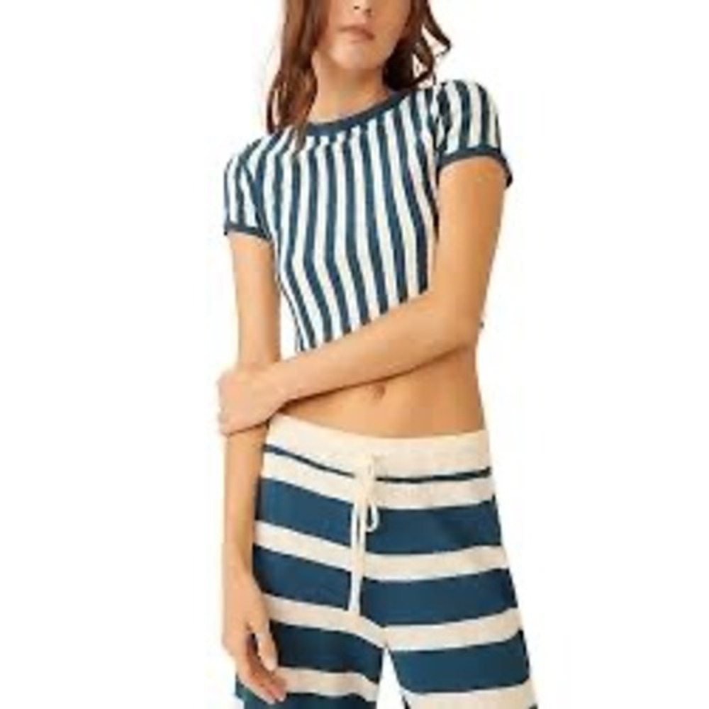 Free People Beach Ivory Combo Striped Knit Crop Top OB1585602 XL